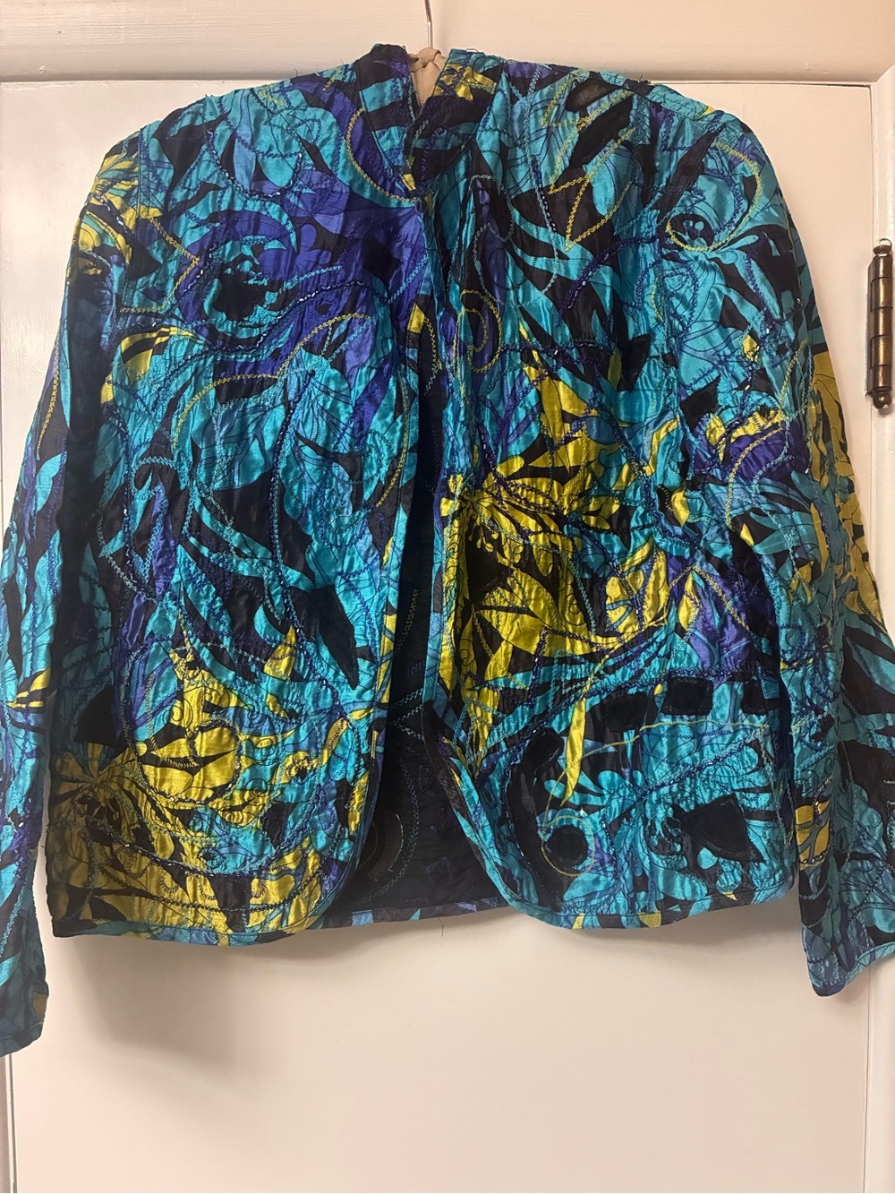 Chico’s Women's Teal, Blue & Yellow Print Jacket with shimmery bead design